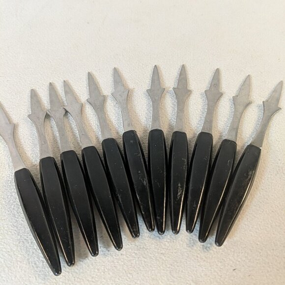Vintage MCM Cocktail Appetizer Forks 11 Set Stainless Steel Japan Black Plastic - Picture 2 of 6